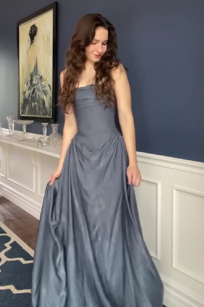 Elegant A Line Strapless Grey Blue Long Prom Dress with Ruffles
