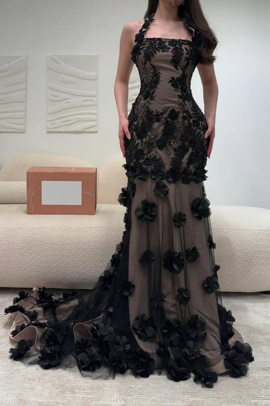 Elegant Black Illusion Floral Halter Mermaid Prom Dress