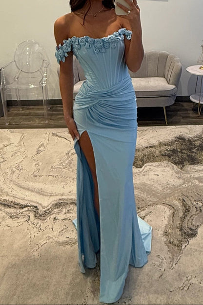 Chic Mermaid Off the Shoulder Blue Corset Prom Dress