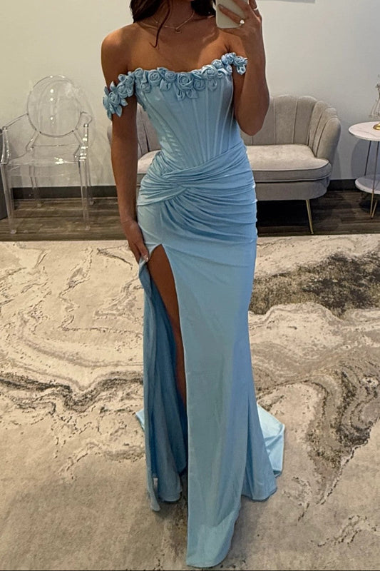 Chic Mermaid Off the Shoulder Blue Corset Prom Dress