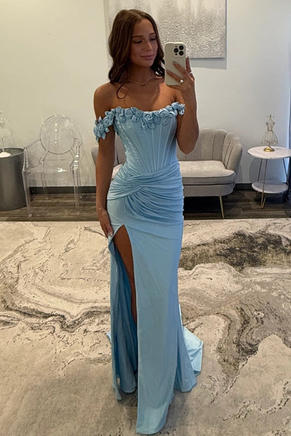 Chic Mermaid Off the Shoulder Blue Corset Prom Dress