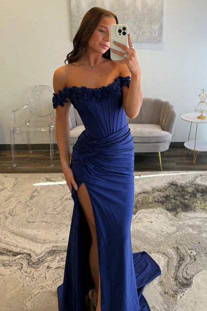Chic Mermaid Off the Shoulder Blue Corset Prom Dress