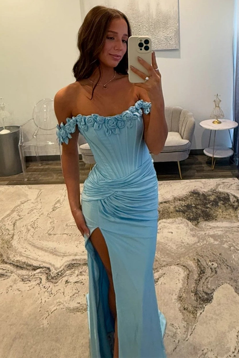 Chic Mermaid Off the Shoulder Blue Corset Prom Dress