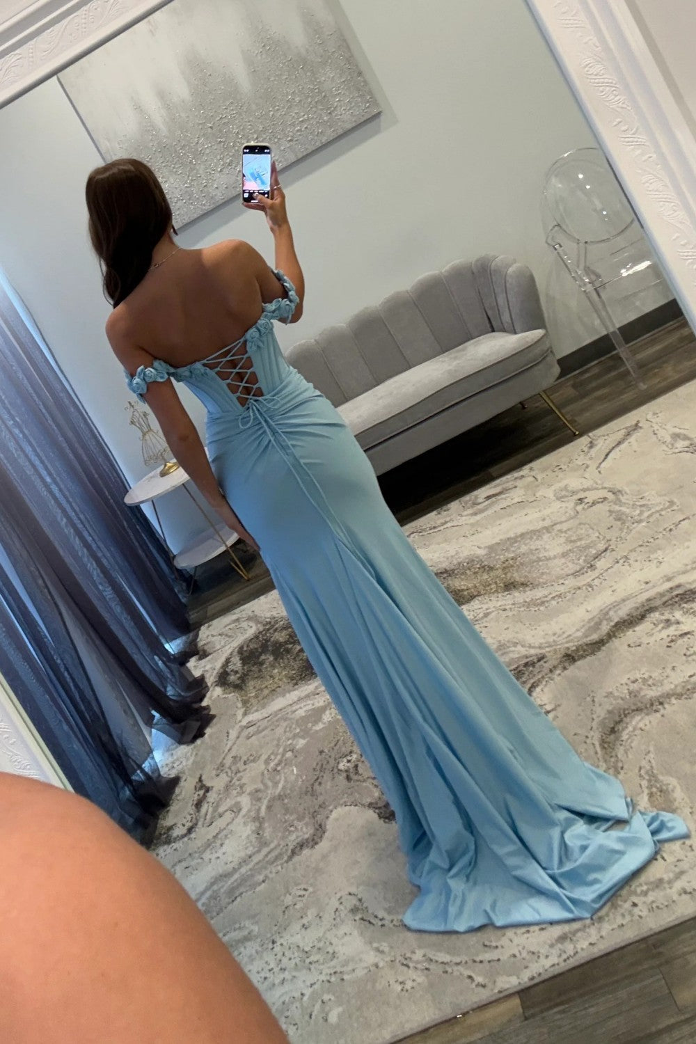 Chic Mermaid Off the Shoulder Blue Corset Prom Dress