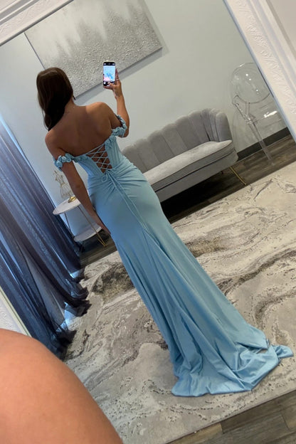 Chic Mermaid Off the Shoulder Blue Corset Prom Dress