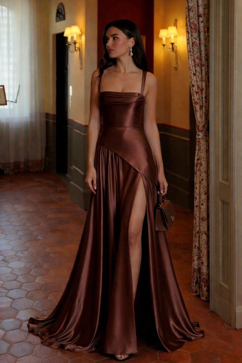 Elegant Mermaid Spaghetti Straps Dark Brown Long Prom Dress