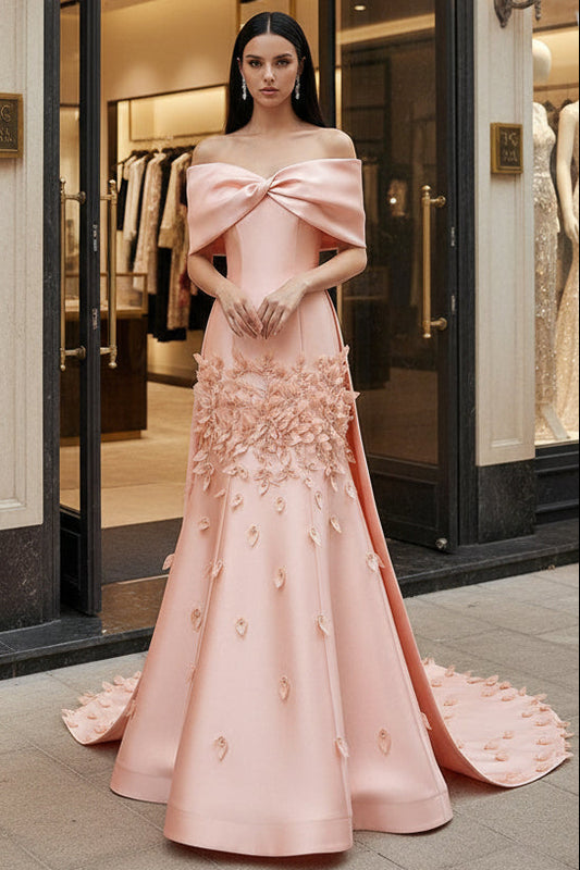 Elegant Peach Satin Off-the-Shoulder 3D Floral Prom Dress