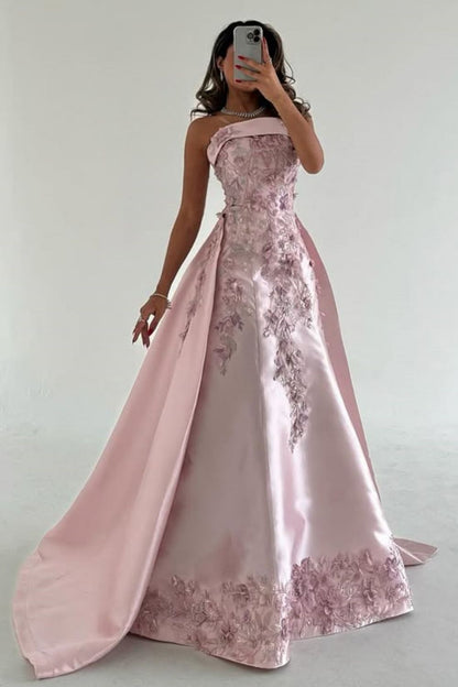 Elegant Pink A-Line Strapless Satin Party Dress with Appliques and Court Train