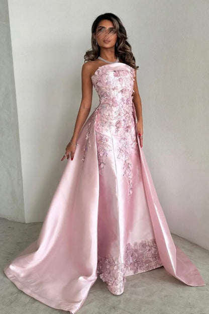 Elegant Pink A-Line Strapless Satin Party Dress with Appliques and Court Train
