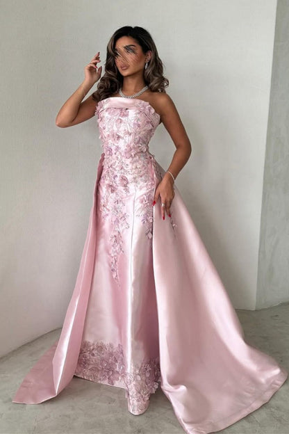 Elegant Pink A-Line Strapless Satin Party Dress with Appliques and Court Train
