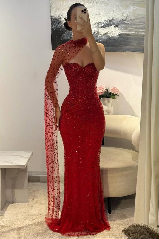 Elegant Red Sweetheart Beaded Fitted Mermaid Prom Dress