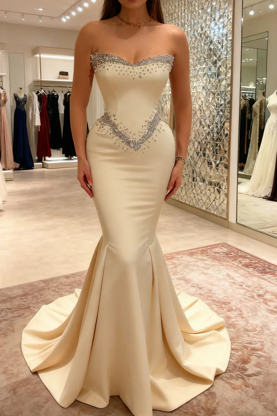 Elegant Satin Mermaid Beaded Empire Strapless Party Prom Dress