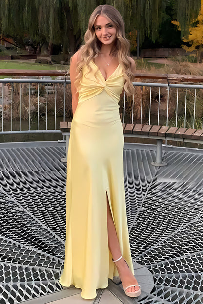 Elegant Yellow V-Neck Keyhole Back Satin Gown with Front Twist
