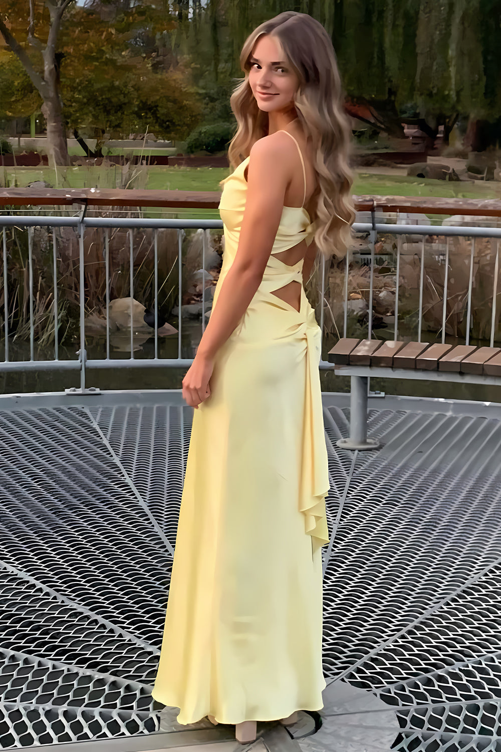 Elegant Yellow V-Neck Keyhole Back Satin Gown with Front Twist