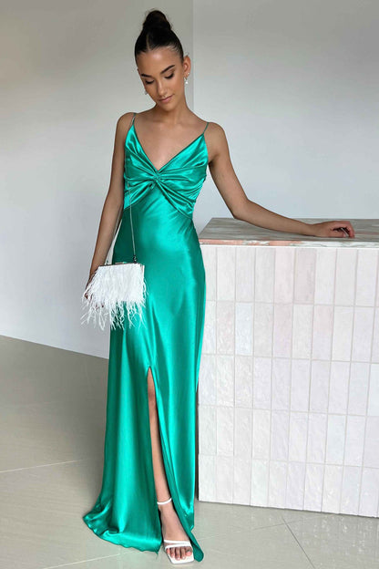 Elegant Yellow V-Neck Keyhole Back Satin Gown with Front Twist