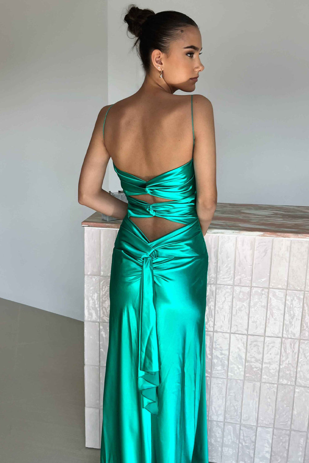 Elegant Yellow V-Neck Keyhole Back Satin Gown with Front Twist