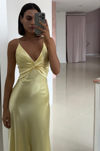 Elegant Yellow V-Neck Keyhole Back Satin Gown with Front Twist