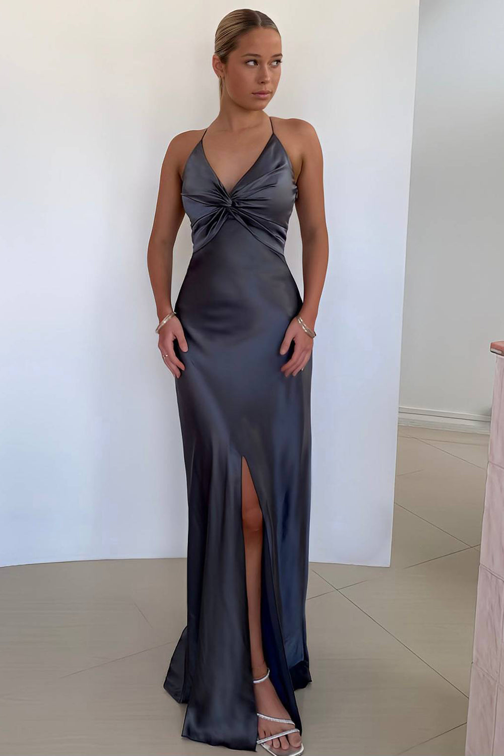 Elegant Yellow V-Neck Keyhole Back Satin Gown with Front Twist