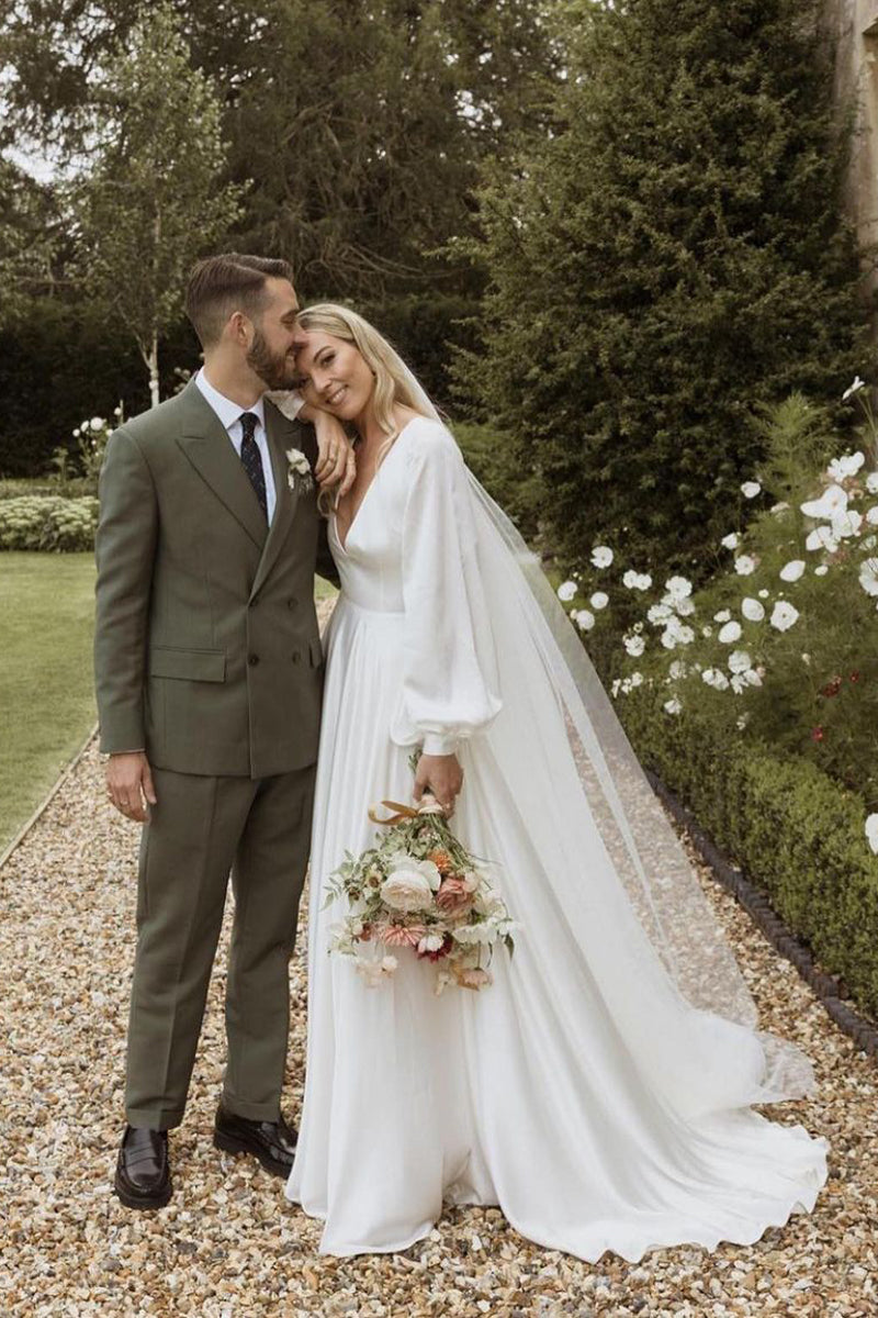 Elegant A-Line Deep V Neck Silk Satin Long Sleeves Wedding Dress