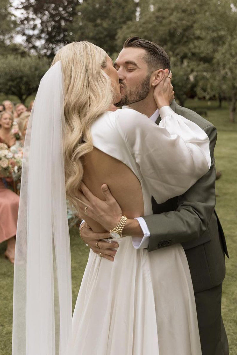 Elegant A-Line Deep V Neck Silk Satin Long Sleeves Wedding Dress