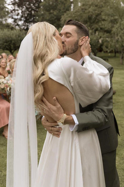 Elegant A-Line Deep V Neck Silk Satin Long Sleeves Wedding Dress