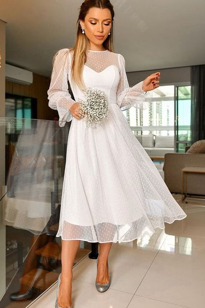 Elegant A-Line Long Sleeve Tea Length Wedding Dress