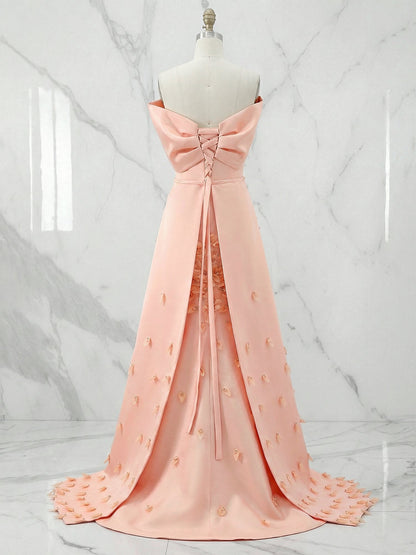 Elegant Peach Satin Off-the-Shoulder 3D Floral Prom Dress