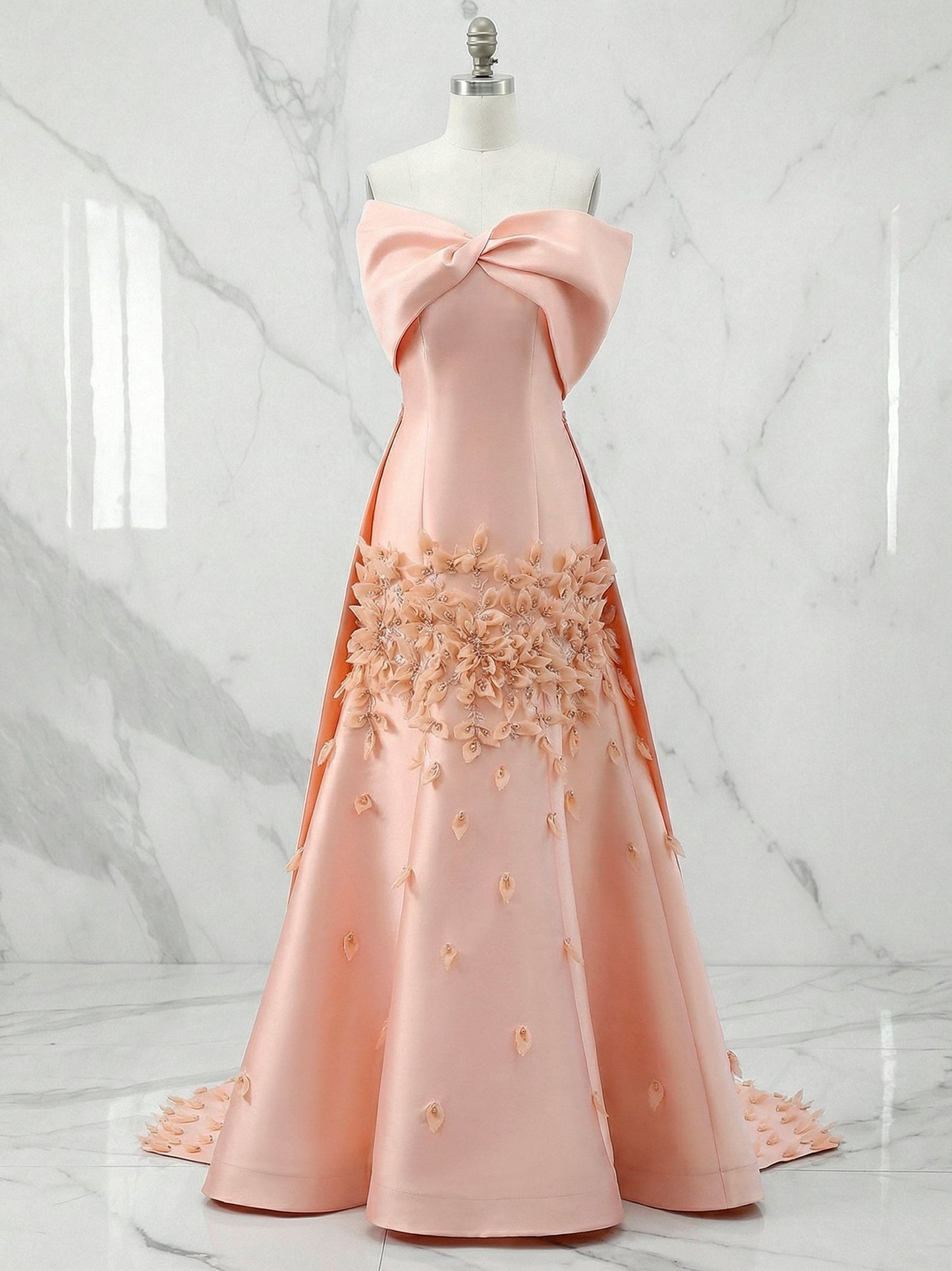 Elegant Peach Satin Off-the-Shoulder 3D Floral Prom Dress