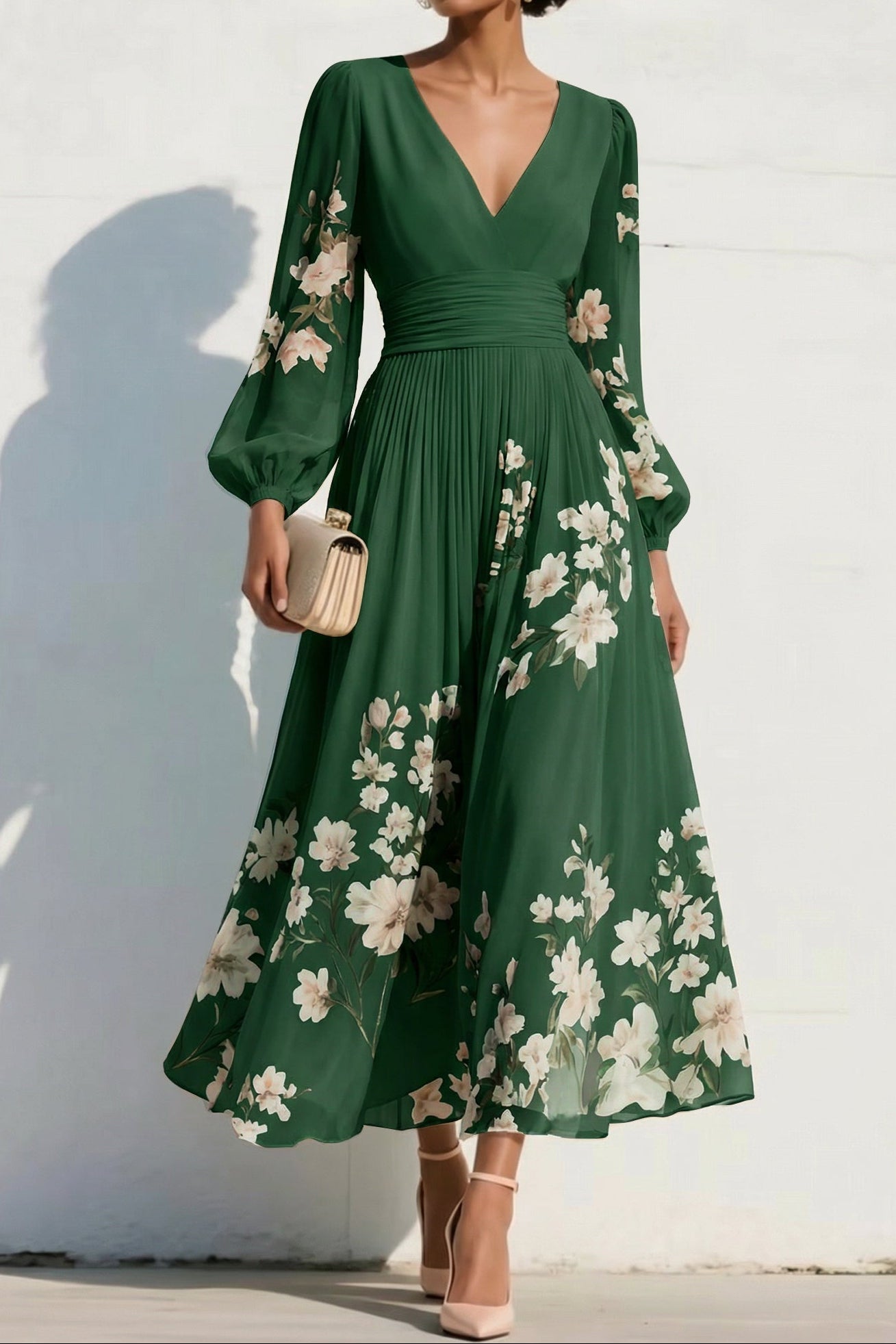 V-Neck Print-Chiffon Pleated Tea-Length Mother of the Bride Dress