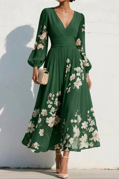 V-Neck Print-Chiffon Pleated Tea-Length Mother of the Bride Dress