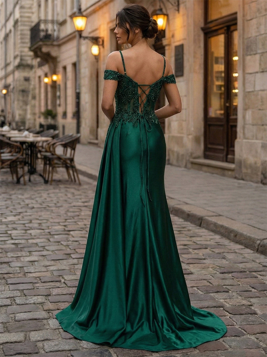 Emerald Green Beaded Corset Satin Long Prom Dress