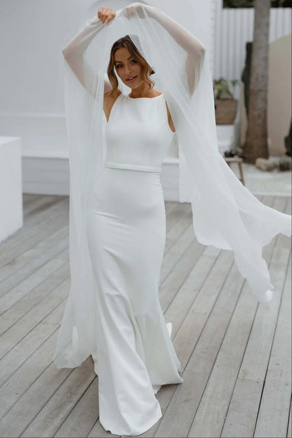Simple Scoop-Neck Sleeveless Satin Pleated Sweep Train Mermaid Wedding Dress