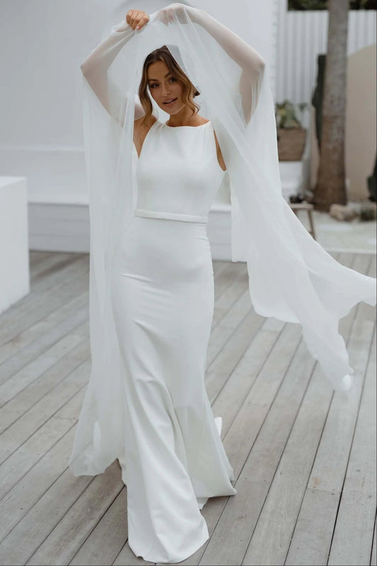 Simple Scoop-Neck Sleeveless Satin Pleated Sweep Train Mermaid Wedding Dress