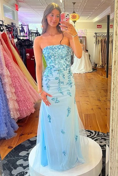 Empire Strapless Lace Appliques Mermaid Party Prom Dress