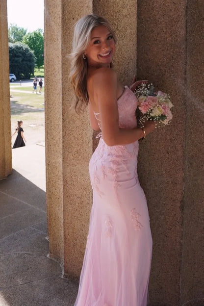 Empire Strapless Lace Appliques Mermaid Party Prom Dress