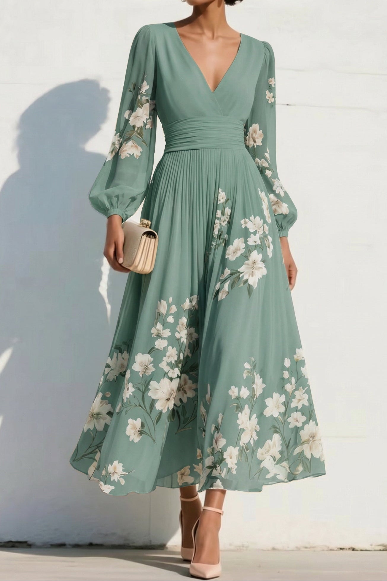 V-Neck Print-Chiffon Pleated Tea-Length Mother of the Bride Dress
