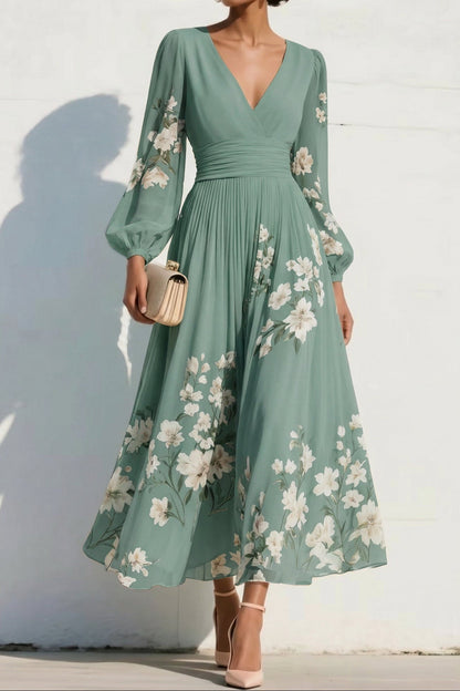 V-Neck Print-Chiffon Pleated Tea-Length Mother of the Bride Dress