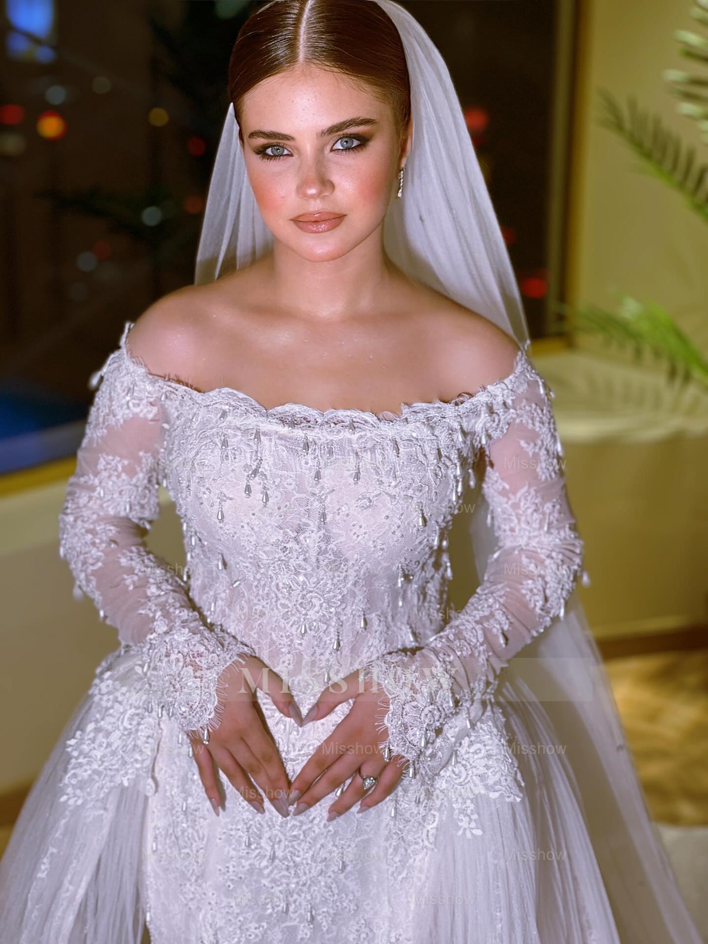 Long White Mermaid Off-the-shoulder Beaded Lace Wedding Dress