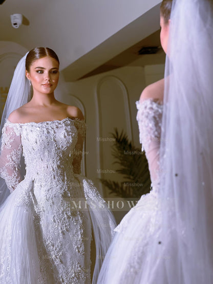 Long White Mermaid Off-the-shoulder Beaded Lace Wedding Dress