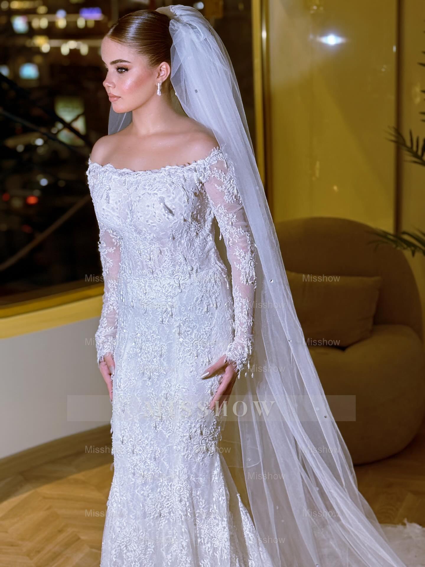 Long White Mermaid Off-the-shoulder Beaded Lace Wedding Dress