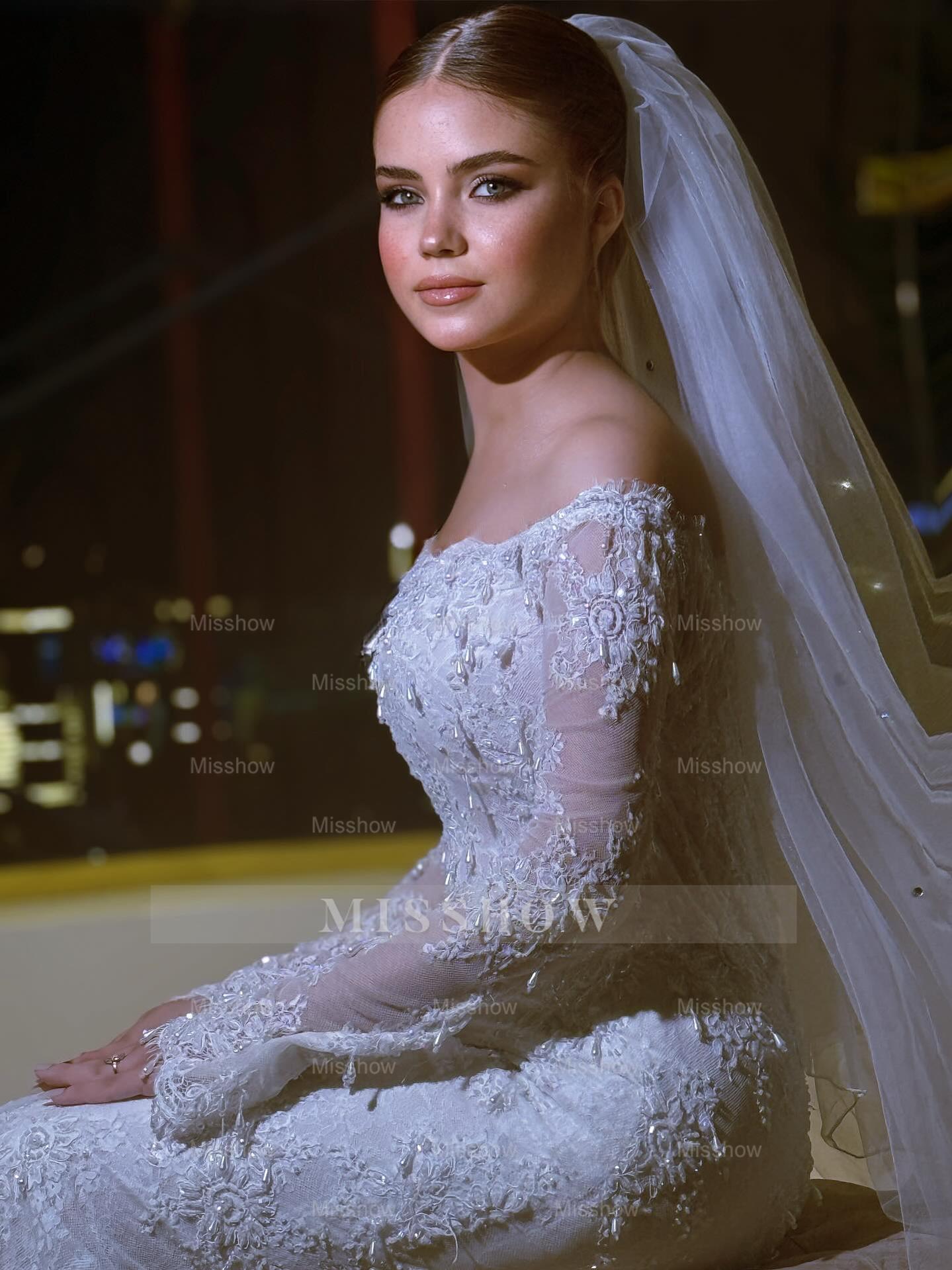 Long White Mermaid Off-the-shoulder Beaded Lace Wedding Dress