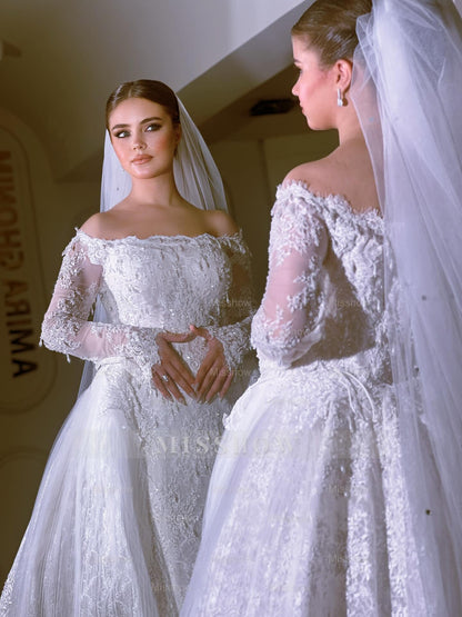 Long White Mermaid Off-the-shoulder Beaded Lace Wedding Dress