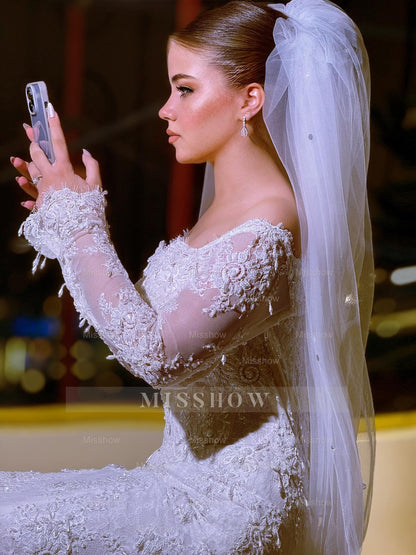 Long White Mermaid Off-the-shoulder Beaded Lace Wedding Dress