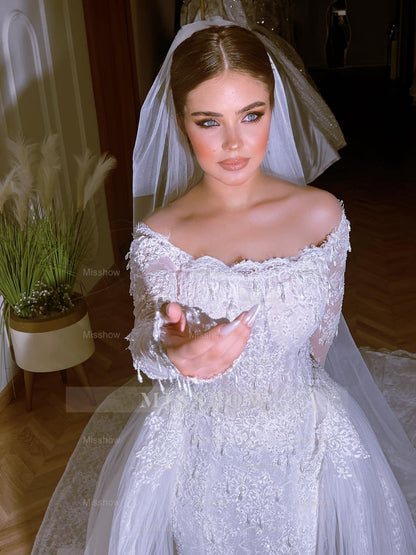 Long White Mermaid Off-the-shoulder Beaded Lace Wedding Dress