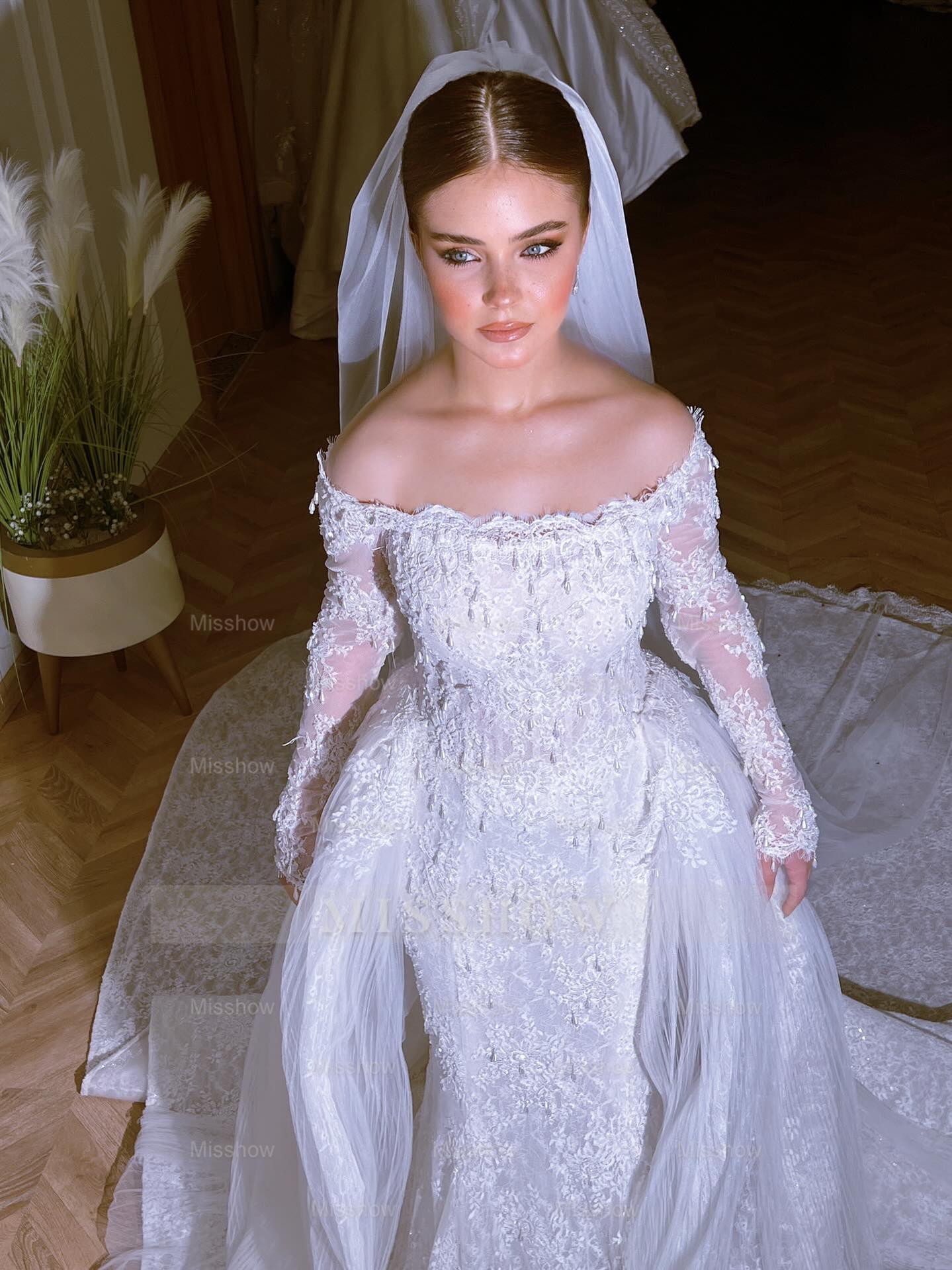 Long White Mermaid Off-the-shoulder Beaded Lace Wedding Dress