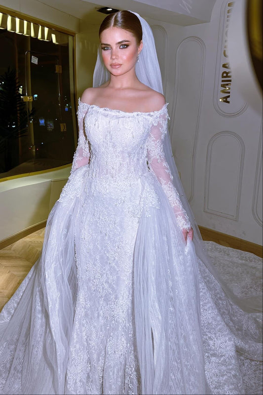 Long White Mermaid Off-the-shoulder Beaded Lace Wedding Dress