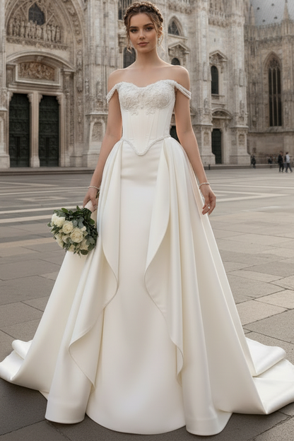 V-Neck Sleeveless Beaded Applique Satin Mermaid Wedding Dress