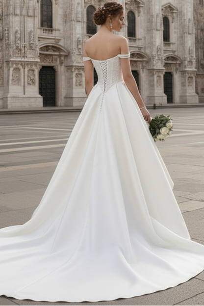 V-Neck Sleeveless Beaded Applique Satin Mermaid Wedding Dress