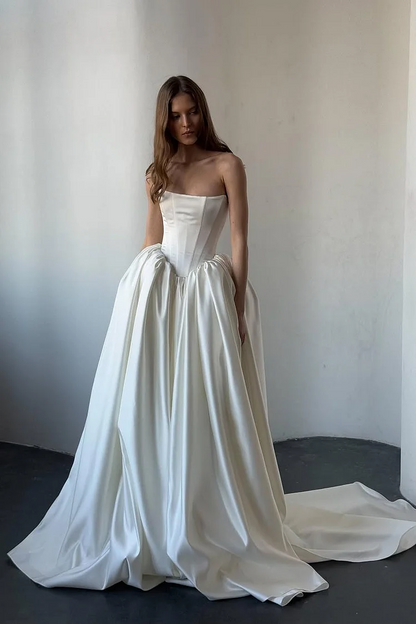 Exquisite Ivory Satin Sleeveless Strapless Long Wedding Dress with Ruffles
