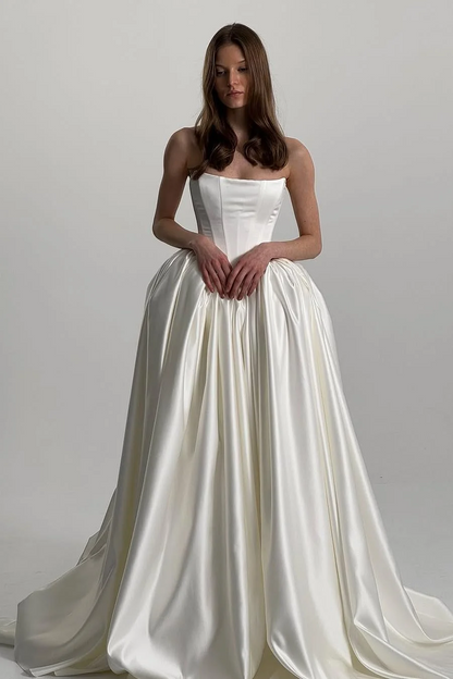 Exquisite Ivory Satin Sleeveless Strapless Long Wedding Dress with Ruffles